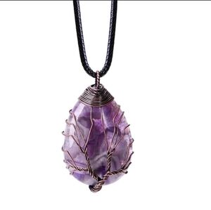 Natural Water Drop‎ Stone Wrapped Life Tree Good Luck Pendant Necklace For Women